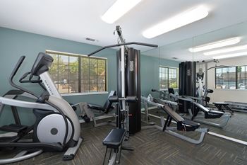 A gym with a treadmill, a weight machine, and a bench.